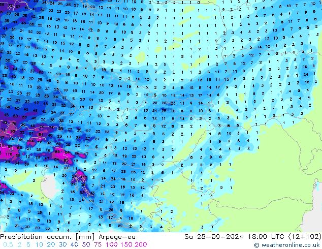 Precipitation accum. Arpege-eu Sa 28.09.2024 18 UTC