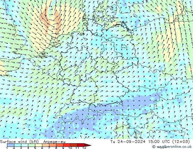 Wind 10 m (bft) Arpege-eu di 24.09.2024 15 UTC