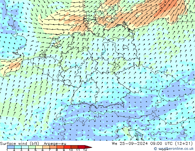 Vento 10 m (bft) Arpege-eu Qua 25.09.2024 09 UTC