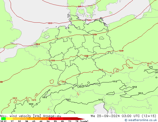 Max. wind velocity Arpege-eu Qua 25.09.2024 03 UTC