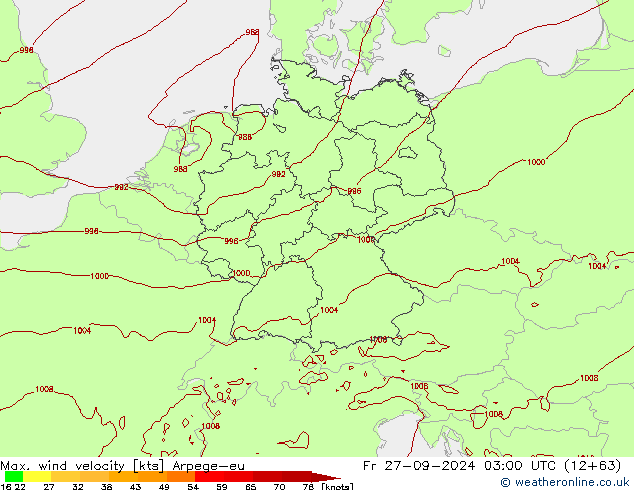 Maks. Rüzgar Hızı Arpege-eu Cu 27.09.2024 03 UTC