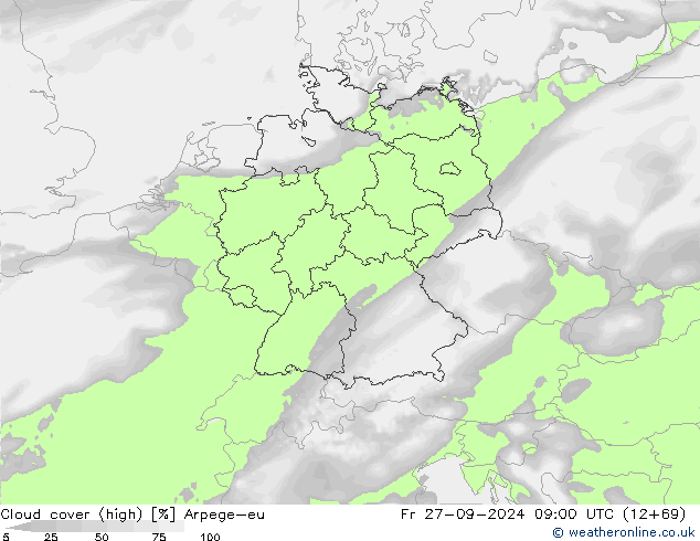 Cloud cover (high) Arpege-eu Fr 27.09.2024 09 UTC