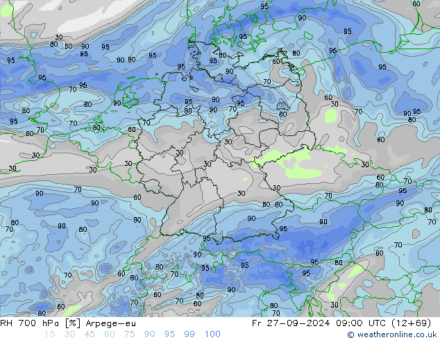 RH 700 hPa Arpege-eu Fr 27.09.2024 09 UTC