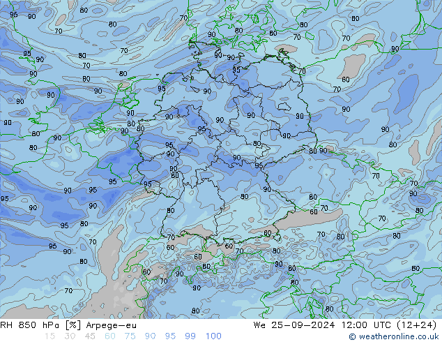 RH 850 hPa Arpege-eu śro. 25.09.2024 12 UTC