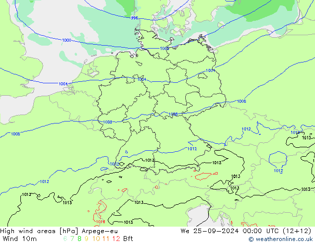 High wind areas Arpege-eu  25.09.2024 00 UTC