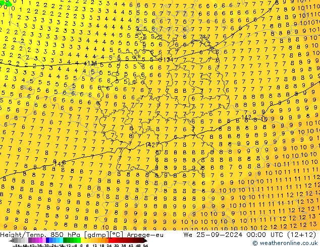 Géop./Temp. 850 hPa Arpege-eu mer 25.09.2024 00 UTC