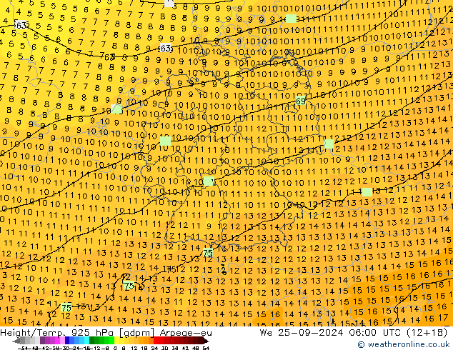 Hoogte/Temp. 925 hPa Arpege-eu wo 25.09.2024 06 UTC