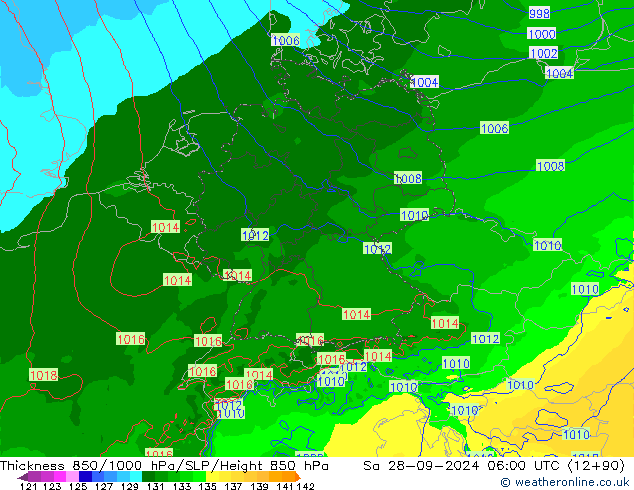 Thck 850-1000 гПа Arpege-eu сб 28.09.2024 06 UTC