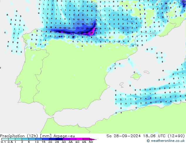 Totale neerslag (12h) Arpege-eu za 28.09.2024 06 UTC