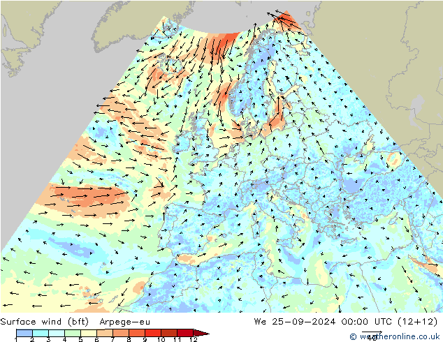 Wind 10 m (bft) Arpege-eu wo 25.09.2024 00 UTC