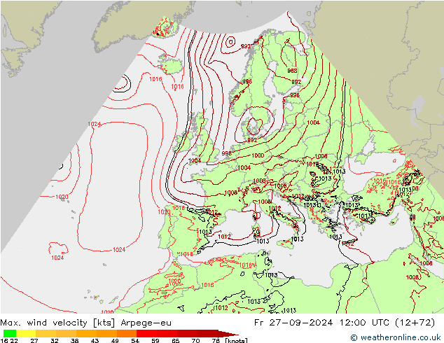 Max. wind snelheid Arpege-eu vr 27.09.2024 12 UTC