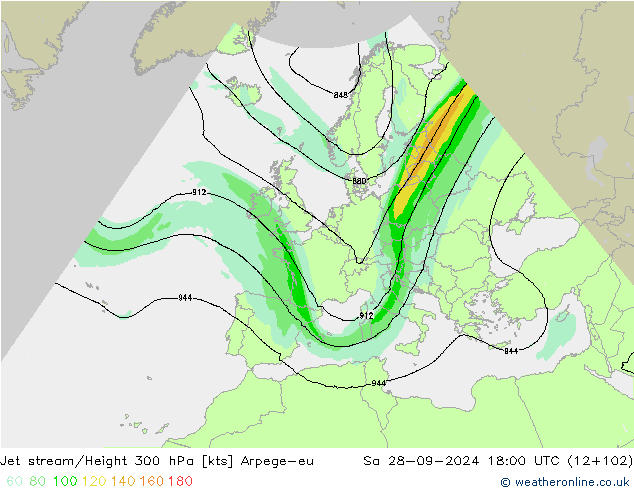 Jet stream/Height 300 hPa Arpege-eu Sa 28.09.2024 18 UTC