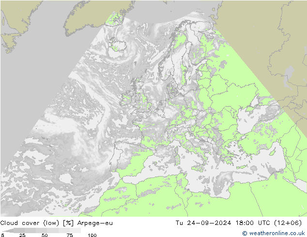 Cloud cover (low) Arpege-eu Tu 24.09.2024 18 UTC