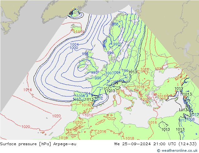 Pressione al suolo Arpege-eu mer 25.09.2024 21 UTC