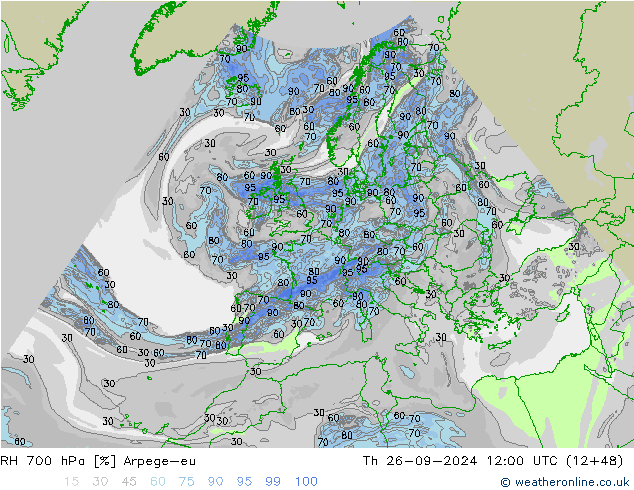 Humidité rel. 700 hPa Arpege-eu jeu 26.09.2024 12 UTC