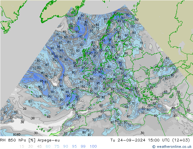 RH 850 hPa Arpege-eu Tu 24.09.2024 15 UTC