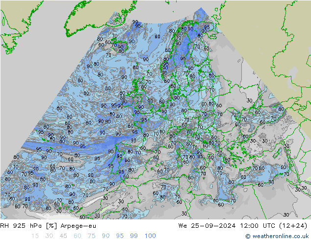 Humidité rel. 925 hPa Arpege-eu mer 25.09.2024 12 UTC