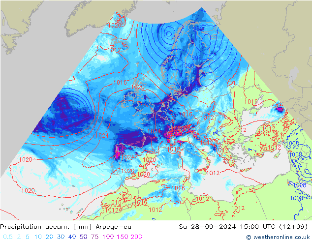 Totale neerslag Arpege-eu za 28.09.2024 15 UTC