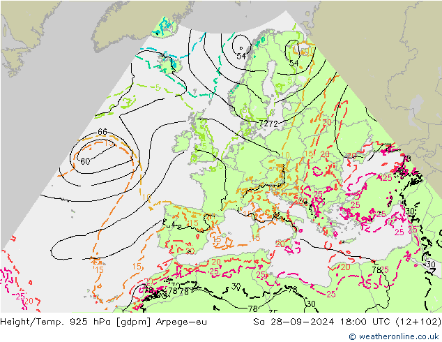 Height/Temp. 925 гПа Arpege-eu сб 28.09.2024 18 UTC