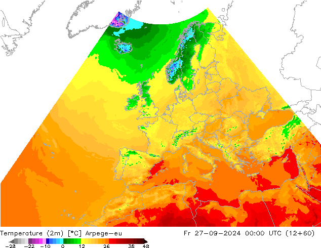 température (2m) Arpege-eu ven 27.09.2024 00 UTC