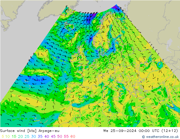 Vento 10 m Arpege-eu Qua 25.09.2024 00 UTC