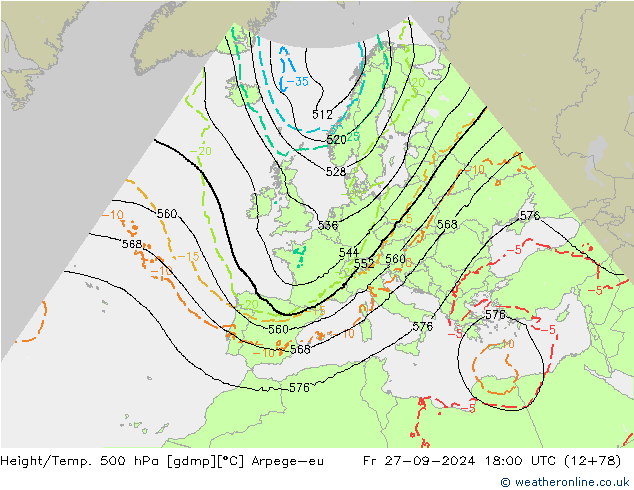 Hoogte/Temp. 500 hPa Arpege-eu vr 27.09.2024 18 UTC