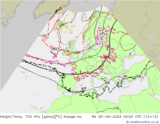 Height/Temp. 700 hPa Arpege-eu 星期三 25.09.2024 00 UTC