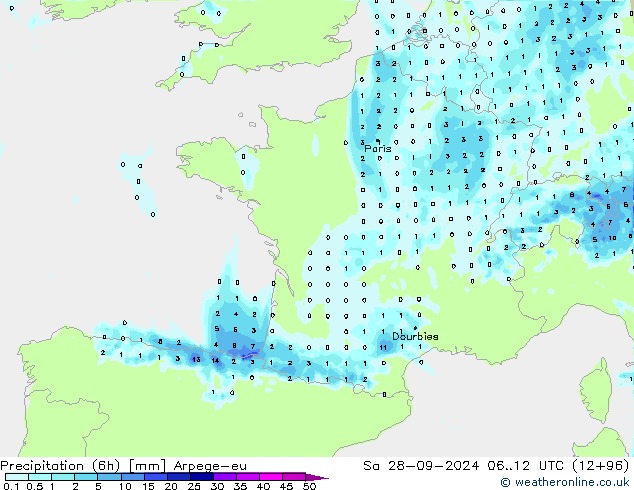 Precipitazione (6h) Arpege-eu sab 28.09.2024 12 UTC