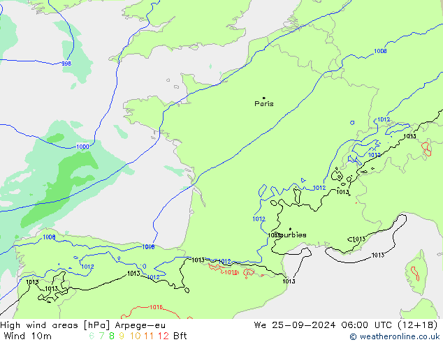 High wind areas Arpege-eu mer 25.09.2024 06 UTC