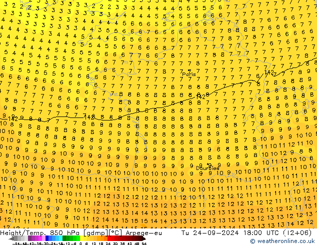 Height/Temp. 850 hPa Arpege-eu wto. 24.09.2024 18 UTC