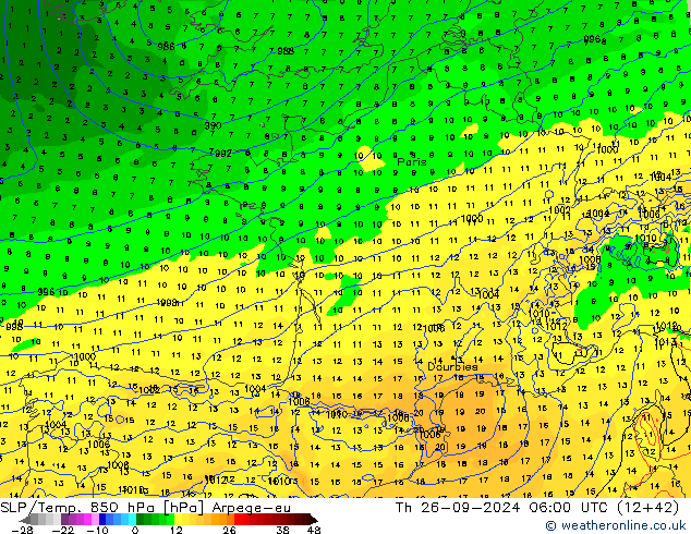 SLP/Temp. 850 hPa Arpege-eu Th 26.09.2024 06 UTC