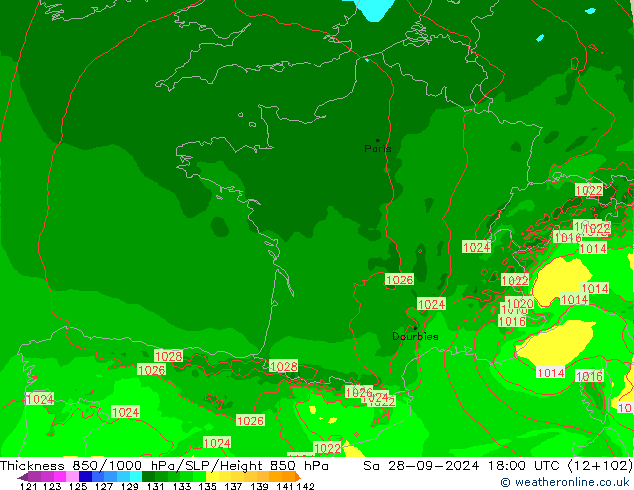 Thck 850-1000 гПа Arpege-eu сб 28.09.2024 18 UTC