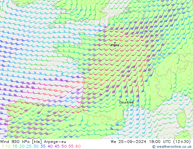 Vento 850 hPa Arpege-eu mer 25.09.2024 18 UTC