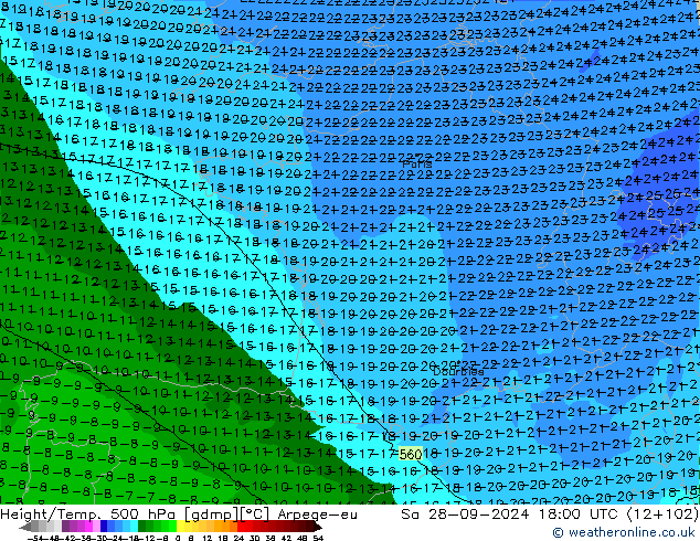 Height/Temp. 500 hPa Arpege-eu sab 28.09.2024 18 UTC