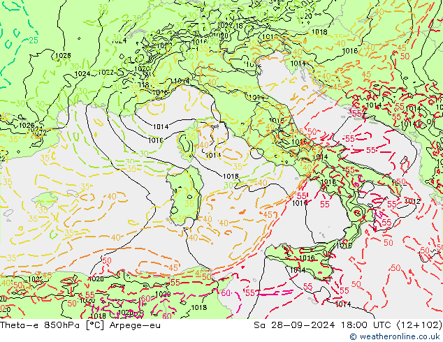 Theta-e 850hPa Arpege-eu Sa 28.09.2024 18 UTC