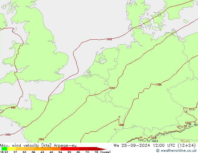 Max. wind velocity Arpege-eu We 25.09.2024 12 UTC