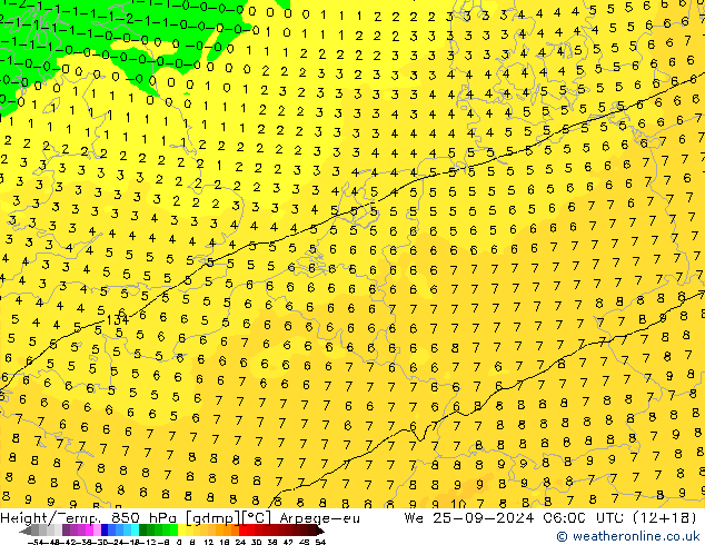 Hoogte/Temp. 850 hPa Arpege-eu wo 25.09.2024 06 UTC