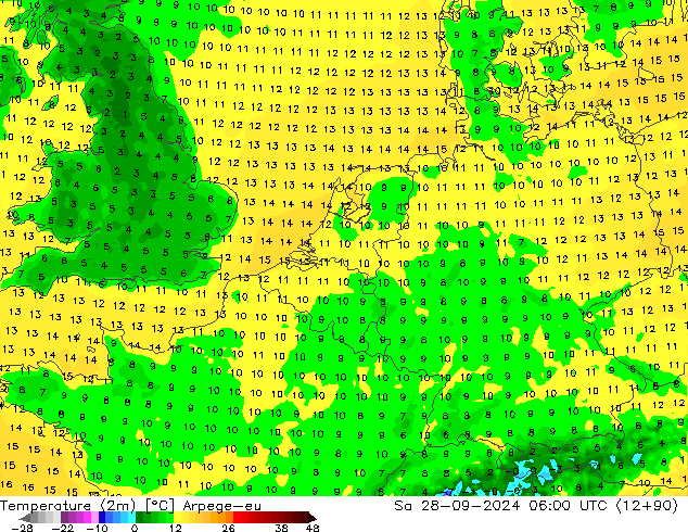 Temperature (2m) Arpege-eu Sa 28.09.2024 06 UTC