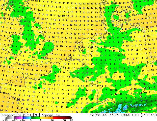 Temperature (2m) Arpege-eu Sa 28.09.2024 18 UTC