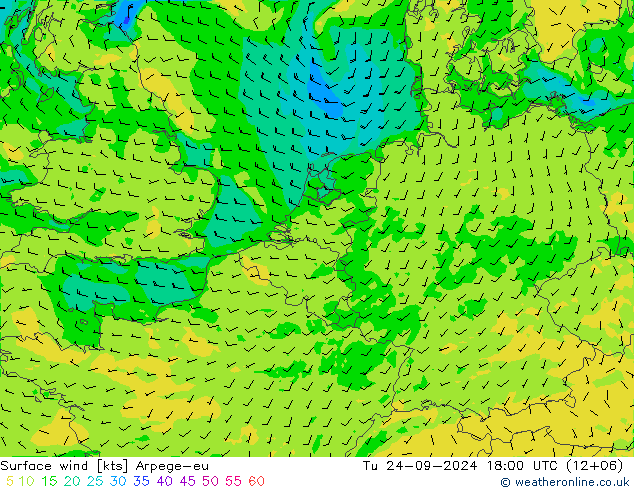 Wind 10 m Arpege-eu di 24.09.2024 18 UTC