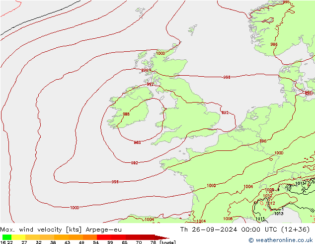 Max. wind velocity Arpege-eu Th 26.09.2024 00 UTC