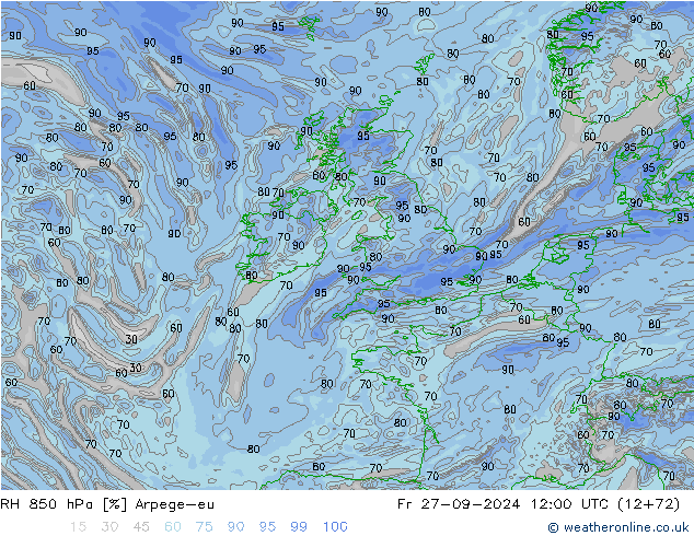 RH 850 hPa Arpege-eu Sex 27.09.2024 12 UTC