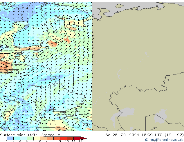 Bodenwind (bft) Arpege-eu Sa 28.09.2024 18 UTC