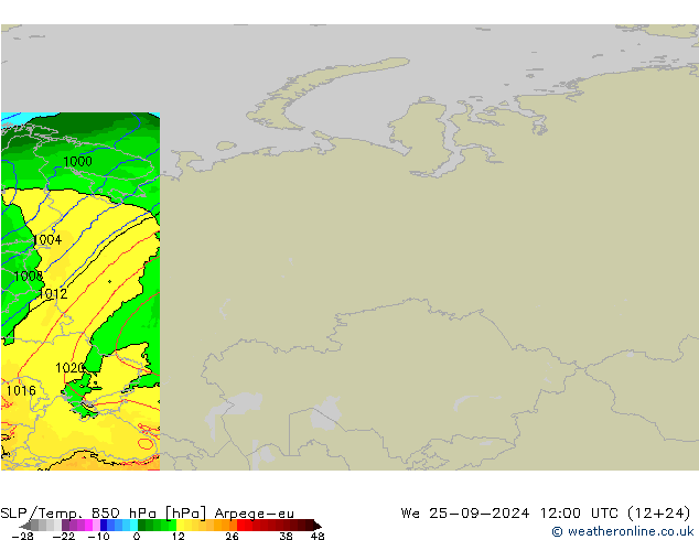 SLP/Temp. 850 hPa Arpege-eu We 25.09.2024 12 UTC