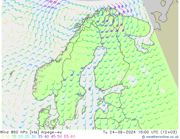 wiatr 850 hPa Arpege-eu wto. 24.09.2024 15 UTC