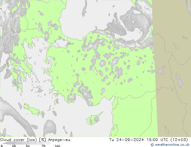 Cloud cover (low) Arpege-eu Tu 24.09.2024 15 UTC