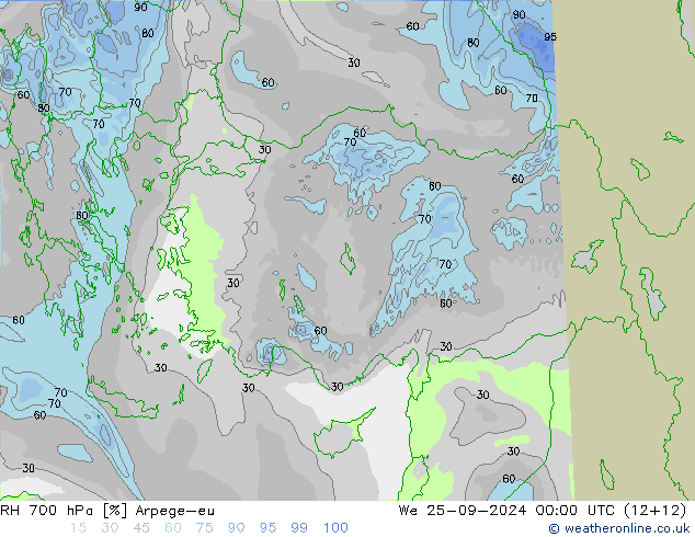 RH 700 hPa Arpege-eu  25.09.2024 00 UTC