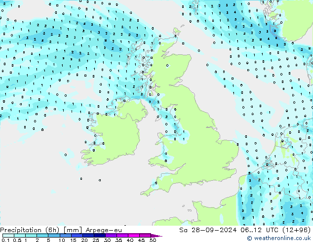 Totale neerslag (6h) Arpege-eu za 28.09.2024 12 UTC