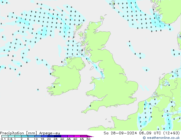 precipitação Arpege-eu Sáb 28.09.2024 09 UTC