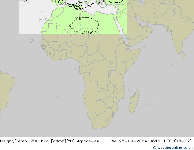 Height/Temp. 700 hPa Arpege-eu We 25.09.2024 06 UTC